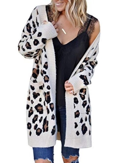 Ru Sweet Women Leopard Cardigan Long Open Front Sweaters Loose Knit Coat Draped Jumper with Pockets