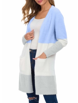 QIXING Women's Casual Open Front Knit Cardigans Long Sleeve Plush Sweater Coat with Pockets