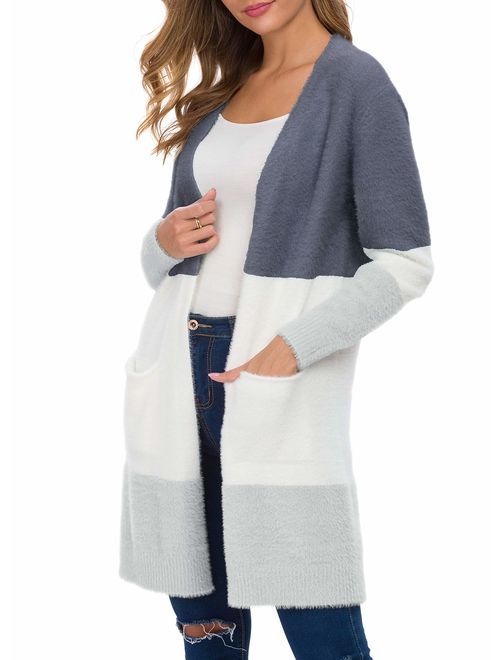 QIXING Women's Casual Open Front Knit Cardigans Long Sleeve Plush Sweater Coat with Pockets