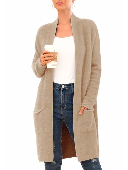 QIXING Women's Casual Open Front Knit Cardigans Long Sleeve Plush Sweater Coat with Pockets