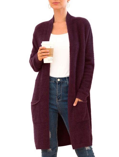 QIXING Women's Casual Open Front Knit Cardigans Long Sleeve Plush Sweater Coat with Pockets