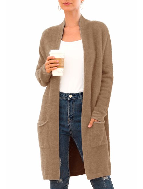 QIXING Women's Casual Open Front Knit Cardigans Long Sleeve Plush Sweater Coat with Pockets