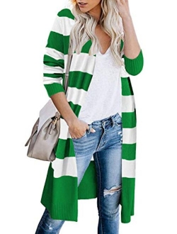 CARDYDONY Women's Long Cardigan Open Front Color Block Cardigan Knit Sweaters