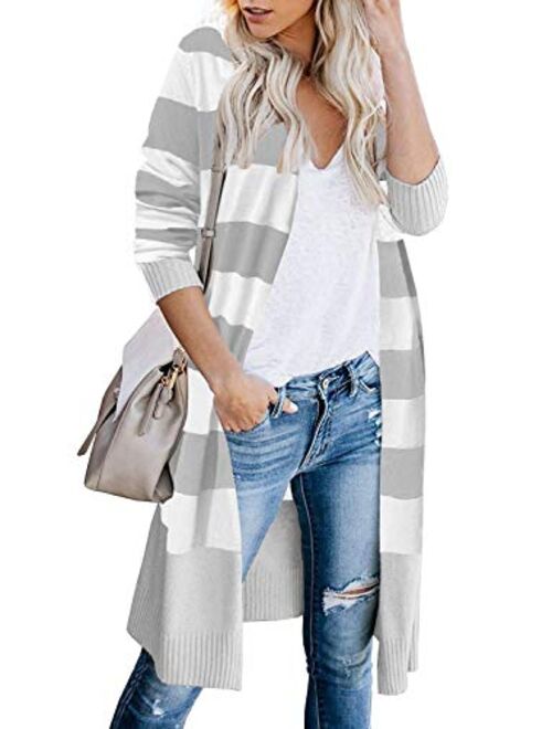 CARDYDONY Women's Long Cardigan Open Front Color Block Cardigan Knit Sweaters