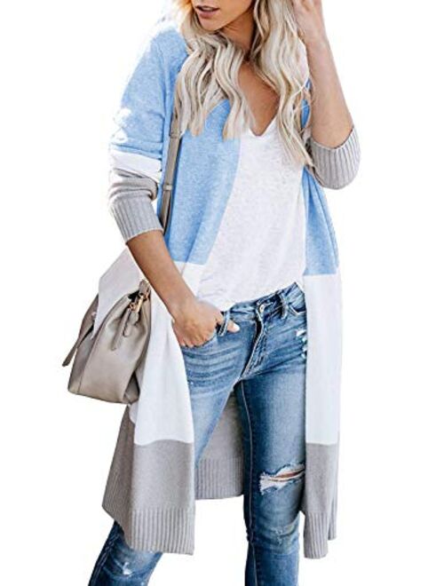 CARDYDONY Women's Long Cardigan Open Front Color Block Cardigan Knit Sweaters