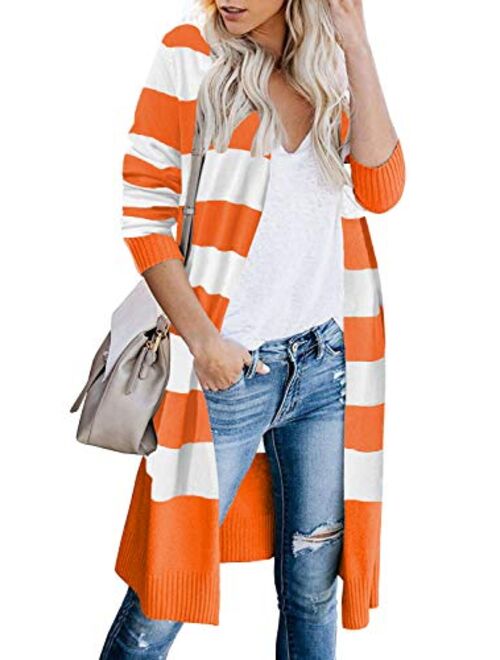 CARDYDONY Women's Long Cardigan Open Front Color Block Cardigan Knit Sweaters