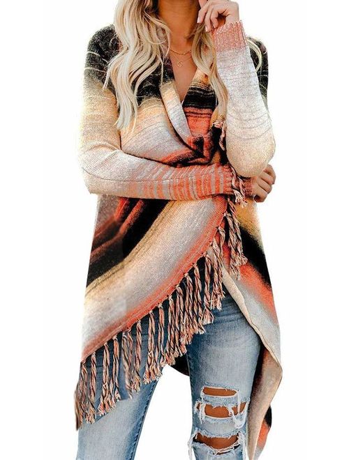 Women's Open Front Knited Tassels Slash Loose Cardigan Crew Neck Speckled Fringe Sweater Outwear