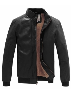 WenVen Men's Winter Stand Collar Moto Bomber Faux Leather Jackets