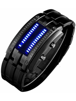 FANMIS Binary Matrix Blue LED Digital Watch Mens Classic Creative Fashion Black Plated Wrist Watches