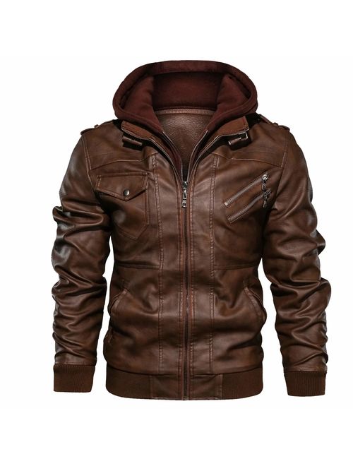 JYG Men's Faux Leather Motorcycle Removable Hood With Jacket