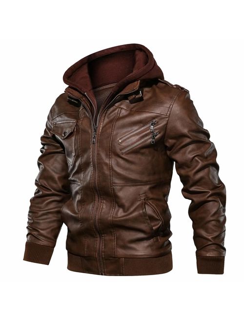 CARWORNIC Men's Faux Leather Jacket Casual Brown Motorcycle Jacket with Removable Hood