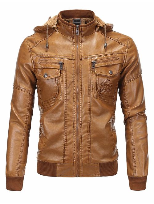 Tanming Men's Plus Velvet Motorcycle Pu Faux Leather Jacket with Removable Fur Hood