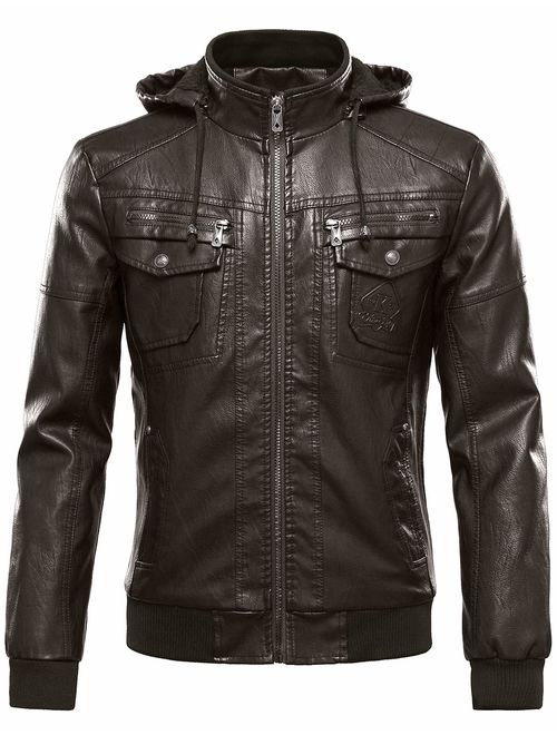 Tanming Men's Plus Velvet Motorcycle Pu Faux Leather Jacket with Removable Fur Hood