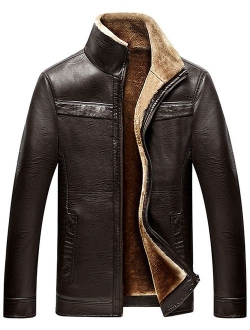 Men's Winter Full Zipper Thick Sherpa Lined Faux Leather Jacket