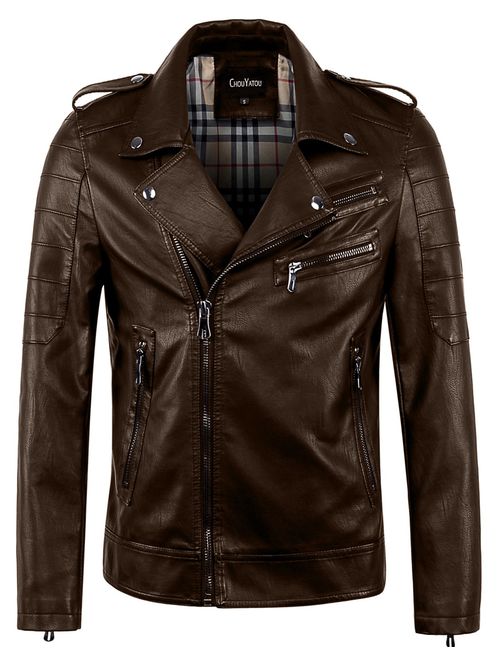 chouyatou Men's Vintage Asymmetric Zip Lightweight Faux Leather Biker Jacket