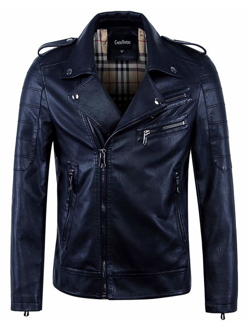 chouyatou Men's Vintage Asymmetric Zip Lightweight Faux Leather Biker Jacket