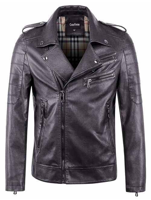 chouyatou Men's Vintage Asymmetric Zip Lightweight Faux Leather Biker Jacket