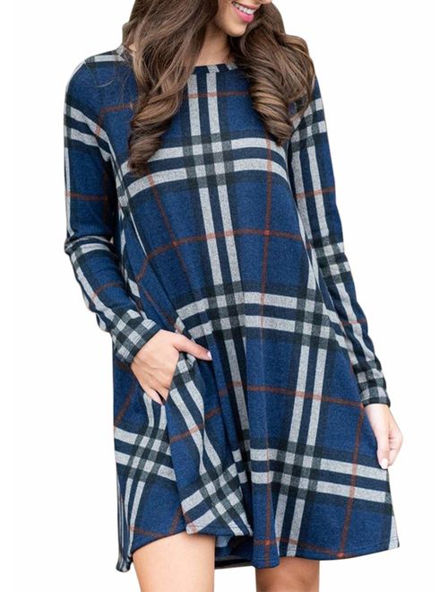 MIROL Women's Long Sleeve Plaid Color Block Casual Swing Loose Fit Tunic Dress with Pockets