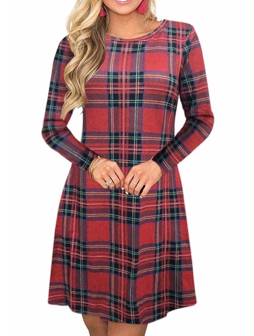 MIROL Women's Long Sleeve Plaid Color Block Casual Swing Loose Fit Tunic Dress with Pockets