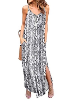 Women's Summer Casual Loose Dress Beach Cover Up Long Cami Maxi Dresses with Pocket