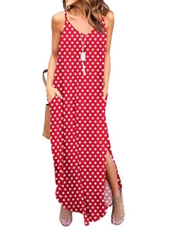 Women's Summer Casual Loose Dress Beach Cover Up Long Cami Maxi Dresses with Pocket