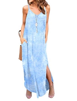 Women's Summer Casual Loose Dress Beach Cover Up Long Cami Maxi Dresses with Pocket