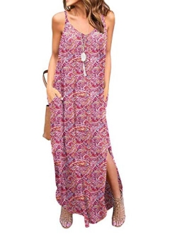 Women's Summer Casual Loose Dress Beach Cover Up Long Cami Maxi Dresses with Pocket