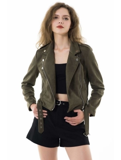 Apperloth Faux Suede Jackets for Women Long Sleeve Zipper Short Moto Biker Coat