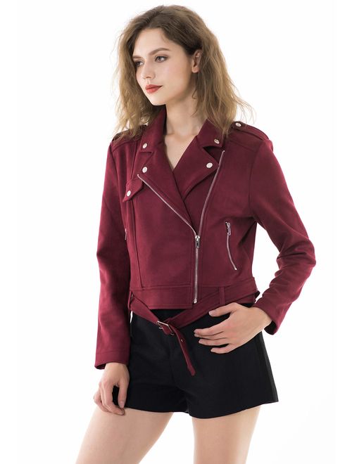 Apperloth Faux Suede Jackets for Women Long Sleeve Zipper Short Moto Biker Coat