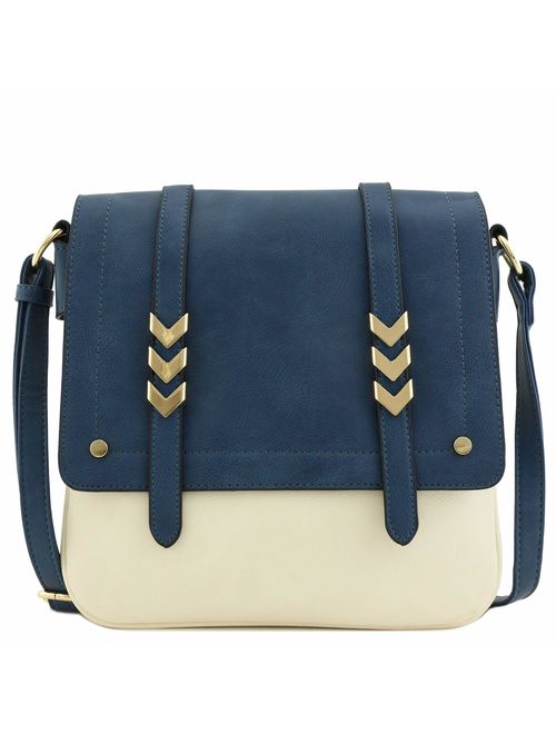 Double Compartment Large Flapover Crossbody Bag with Colorblock Straps