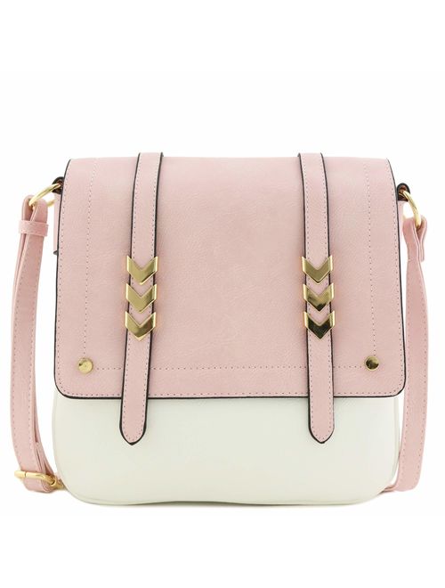 Double Compartment Large Flapover Crossbody Bag with Colorblock Straps