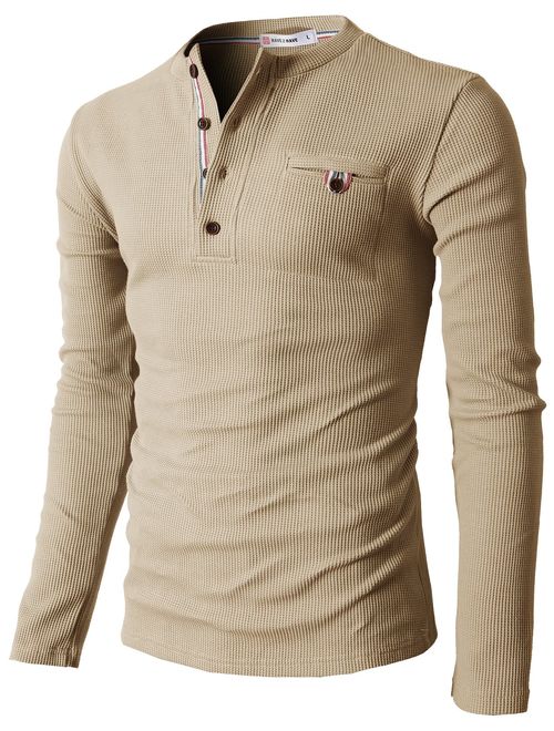 H2H Mens Casual Slim Fit Henley Long Sleeve T Shirts of Waffle Cotton