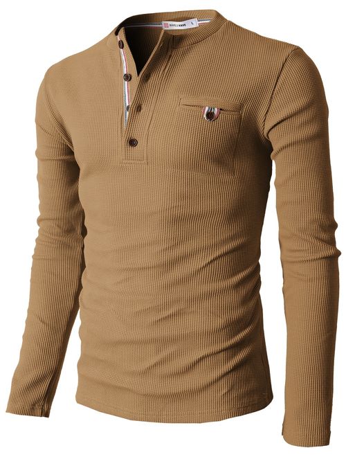 H2H Mens Casual Slim Fit Henley Long Sleeve T Shirts of Waffle Cotton