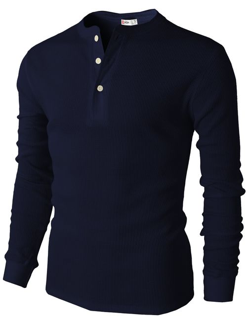 H2H Mens Casual Slim Fit Henley Long Sleeve T Shirts of Waffle Cotton