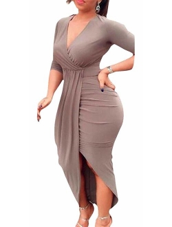 AM CLOTHES Sexy Ruched Bodycon Asymmetrical V Neck Front Slit Midi Club Dresses