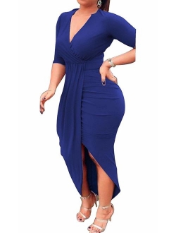 AM CLOTHES Sexy Ruched Bodycon Asymmetrical V Neck Front Slit Midi Club Dresses