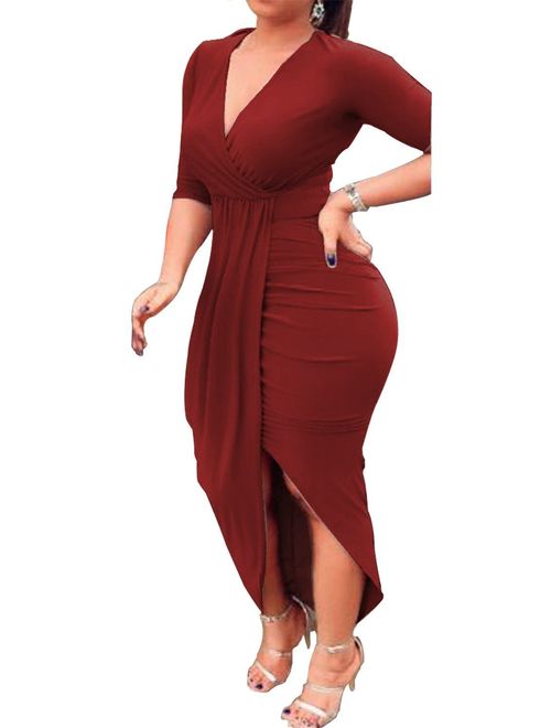 AM CLOTHES Sexy Ruched Bodycon Asymmetrical V Neck Front Slit Midi Club Dresses