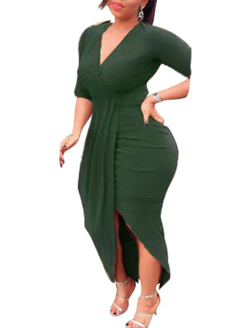 AM CLOTHES Sexy Ruched Bodycon Asymmetrical V Neck Front Slit Midi Club Dresses