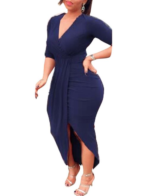 AM CLOTHES Sexy Ruched Bodycon Asymmetrical V Neck Front Slit Midi Club Dresses