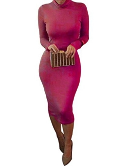 Pink Queen Womens Turtleneck Long Sleeve Bodycon Midi Sheath Dress