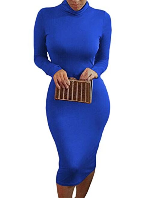 Pink Queen Womens Turtleneck Long Sleeve Bodycon Midi Sheath Dress