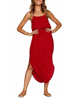 NERLEROLIAN Women's Adjustable Strappy Split Summer Beach Casual Midi Dress