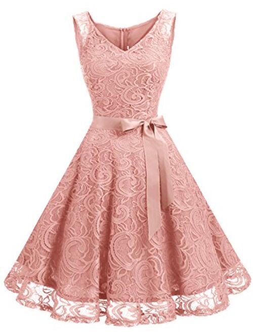 Dressystar Women Floral Lace Bridesmaid Party Dress Short Prom Dress V Neck