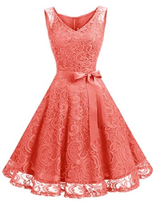 Dressystar Women Floral Lace Bridesmaid Party Dress Short Prom Dress V Neck