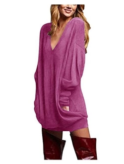 ZANZEA Women's V Neck Long Sleeve Loose Baggy Jumper Tunic Tops Mini Dress Pullover