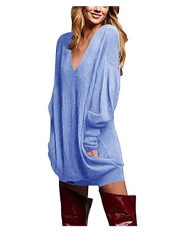 ZANZEA Women's V Neck Long Sleeve Loose Baggy Jumper Tunic Tops Mini Dress Pullover