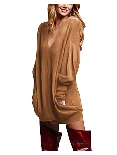 ZANZEA Women's V Neck Long Sleeve Loose Baggy Jumper Tunic Tops Mini Dress Pullover