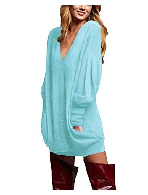 ZANZEA Women's V Neck Long Sleeve Loose Baggy Jumper Tunic Tops Mini Dress Pullover