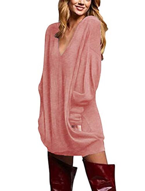 ZANZEA Women's V Neck Long Sleeve Loose Baggy Jumper Tunic Tops Mini Dress Pullover