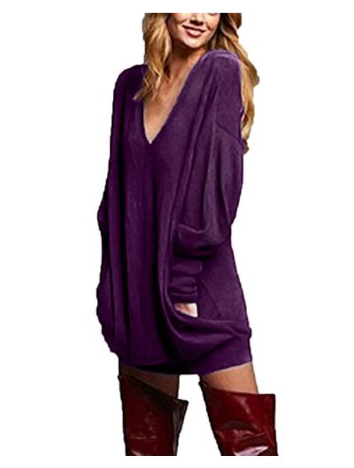 ZANZEA Women's V Neck Long Sleeve Loose Baggy Jumper Tunic Tops Mini Dress Pullover